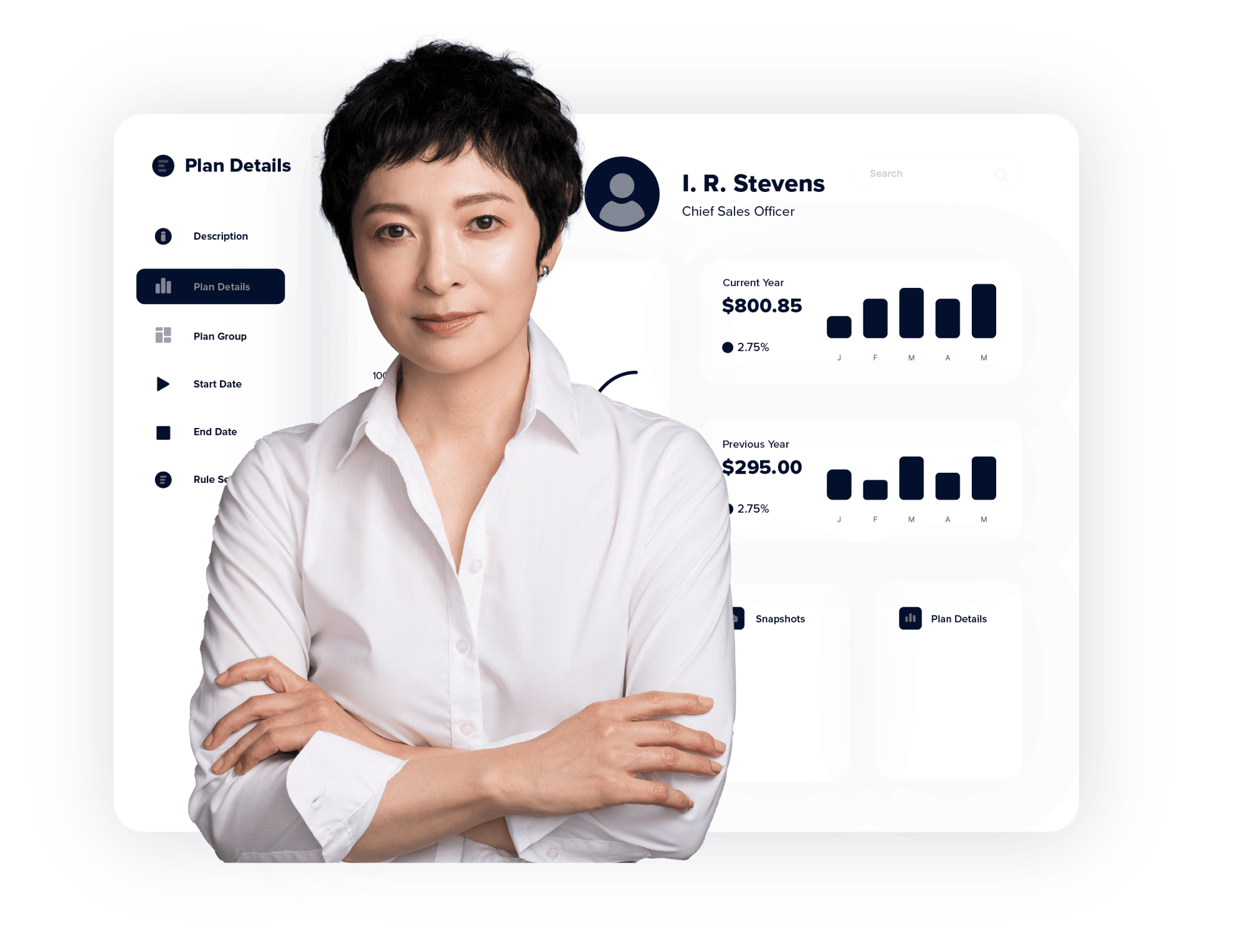 Woman crossing arms superimposed over Performio dashboard